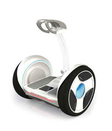 A Ninebot E showing a hands free lever installed